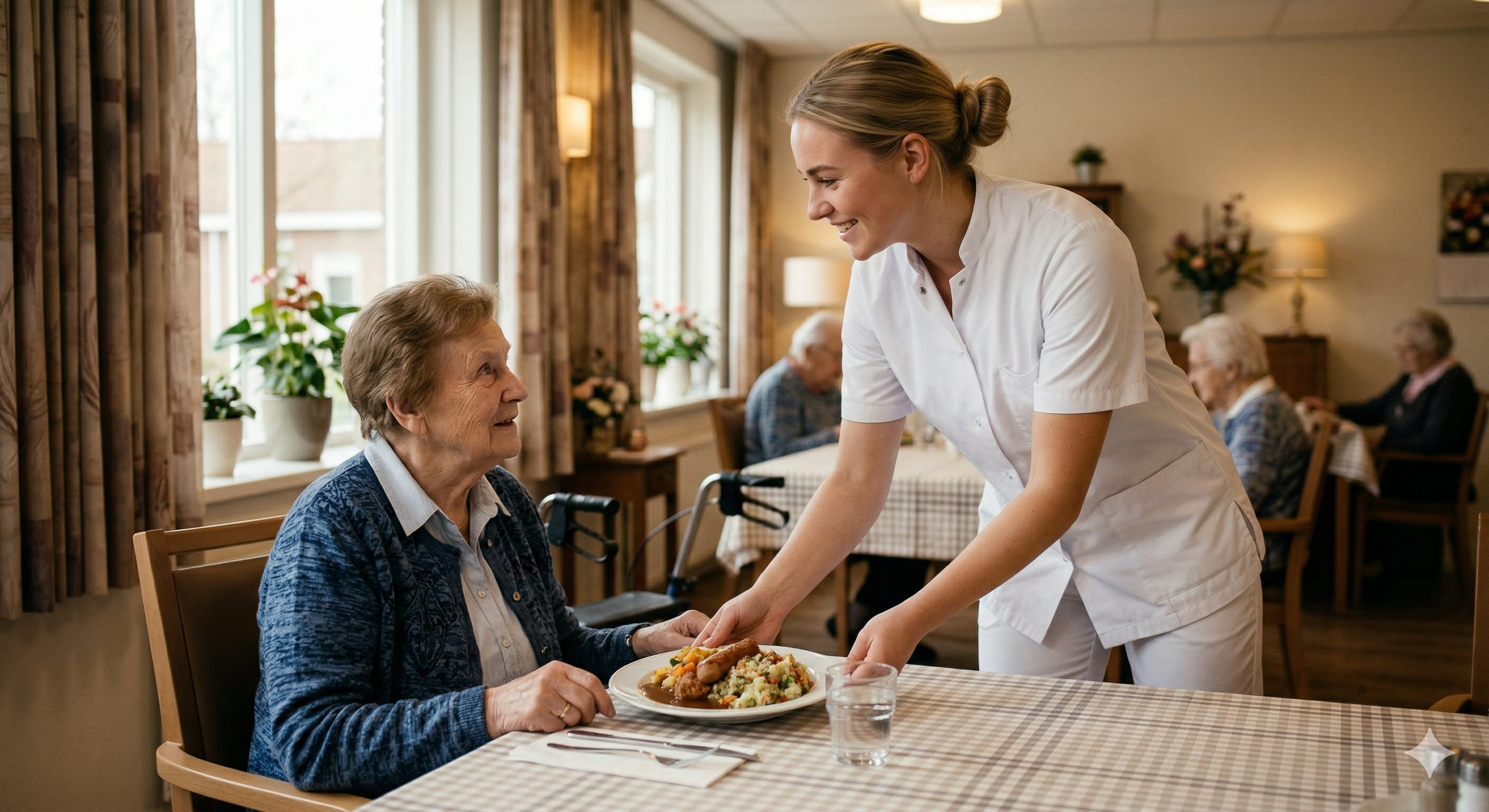 Verpleegkundige serveert maaltijd aan patiënt
